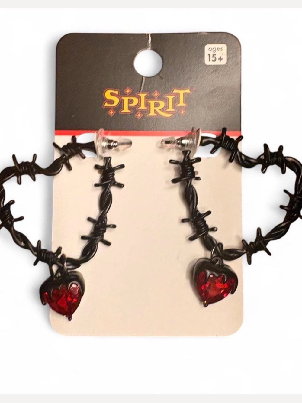 Black Barbed Hoop Earrings with Red Heart Drops